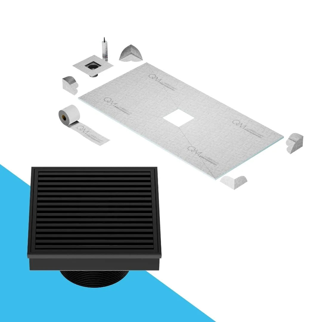 QM Drain Prefab Shower Curbless Wedgewire center Square Drain 4x4 in Black finish, featuring a sleek stainless-steel channel with precision wedge-wire grate. This drain is ideal for curbless shower installations, providing efficient water drainage and seamless integration into modern luxury bathroom floors.