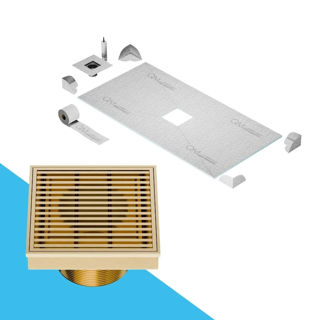 QM Drain Prefab Shower Curbless Wedgewire Center Square Drain 4x4 in Gold finish, featuring a sleek stainless-steel channel with precision wedge-wire grate. This drain is ideal for curbless shower installations, providing efficient water drainage and seamless integration into modern luxury bathroom floors.