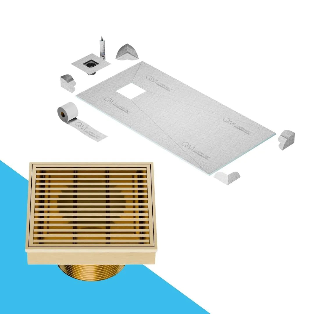 QM Drain Prefab Shower Curbless Wedgewire Off Center Square Drain 4x4 in Gold finish, featuring a sleek stainless-steel channel with precision wedge-wire grate. This drain is ideal for curbless shower installations, providing efficient water drainage and seamless integration into modern luxury bathroom floors.