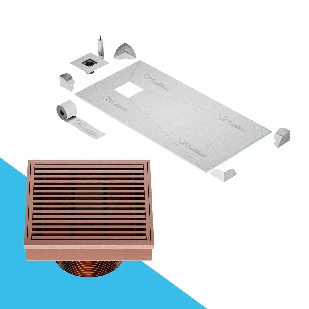 QM Drain Prefab Shower Curbless Wedgewire Off Center Square Drain 4x4 in Bronze finish, featuring a sleek stainless-steel channel with precision wedge-wire grate. This drain is ideal for curbless shower installations, providing efficient water drainage and seamless integration into modern luxury bathroom floors.