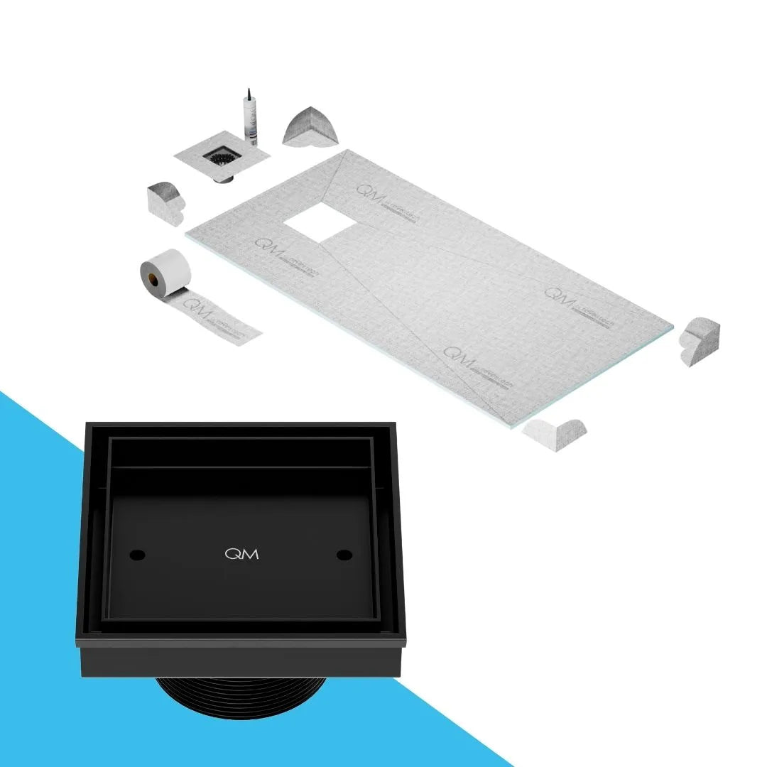 QM Drain Prefab Shower Curbless Mist Tile-In Off Center Square Drain 4x4 in Black finish, featuring a stainless-steel channel with 'mist' perforated grate design. This drain allows seamless tile integration, offering efficient water drainage and a modern, minimalist aesthetic for luxury curbless shower installations.