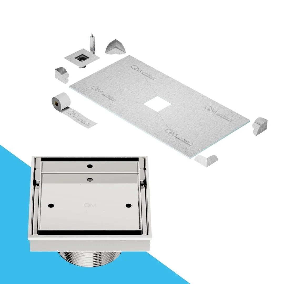 QM Drain Prefab Shower Curbless Mist Tile-In Center Square Drain 4x4 inSatin finish, featuring a stainless-steel channel with 'mist' perforated grate design. This drain allows seamless tile integration, offering efficient water drainage and a modern, minimalist aesthetic for luxury curbless shower installations.