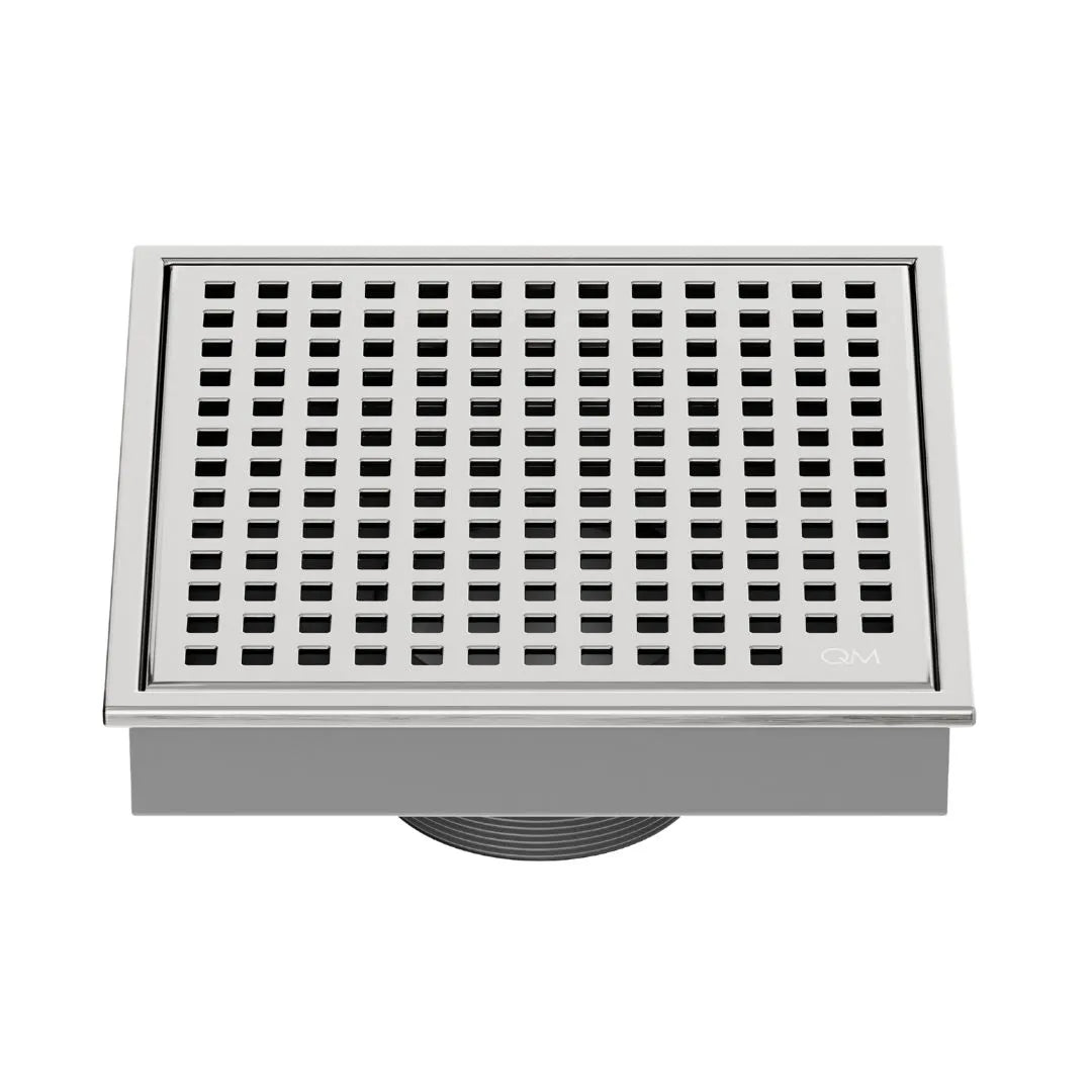 QM Drain Lagos Mira Square Drain 5 3/4 in Satin finish, featuring a sleek stainless-steel square design with a fine perforated grate. This drain offers efficient water drainage, seamless integration into modern shower floors, and a contemporary aesthetic for luxury bathroom installations.