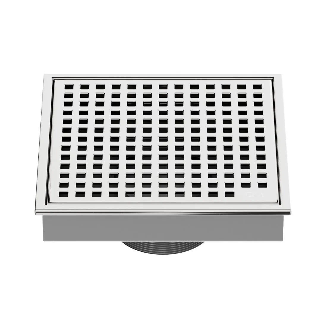 QM Drain Lagos Mira Square Drain 5 3/4 in Polished finish, featuring a sleek stainless-steel square design with a fine perforated grate. This drain offers efficient water drainage, seamless integration into modern shower floors, and a contemporary aesthetic for luxury bathroom installations.