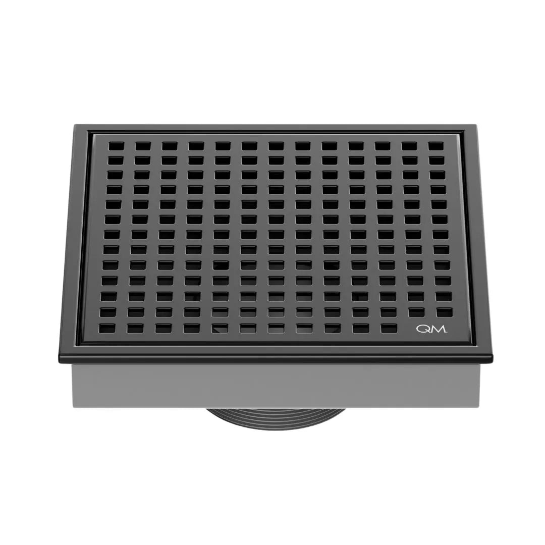 QM Drain Lagos Mira Square Drain 5 3/4 in Black finish, featuring a sleek stainless-steel square design with a fine perforated grate. This drain offers efficient water drainage, seamless integration into modern shower floors, and a contemporary aesthetic for luxury bathroom installations.