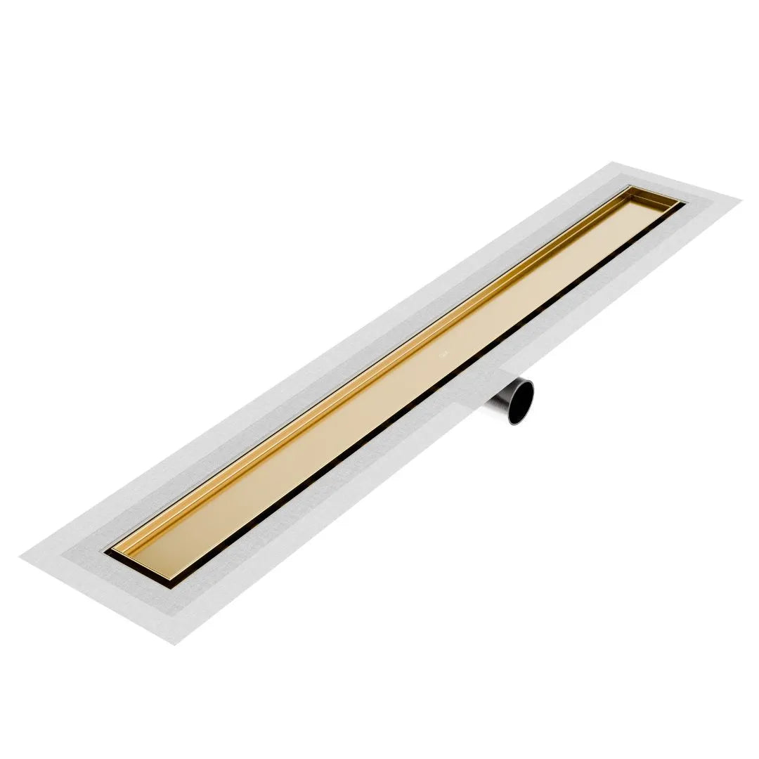 QM Drain Mist (Tile-In) Delmar Side Outlet Linear Drain in Gold finish, featuring a sleek stainless-steel channel with a fine perforated ‘mist’ grate. This drain offers seamless tile integration, efficient water drainage, and a side outlet connection, ideal for luxury shower installations.