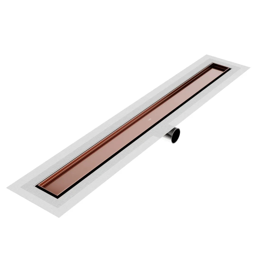 QM Drain Mist (Tile-In) Delmar Side Outlet Linear Drain in Bronze finish, featuring a sleek stainless-steel channel with fine perforated ‘mist’ grate. This drain allows seamless tile integration, efficient water drainage, and includes a side outlet connection, ideal for luxury shower installations.