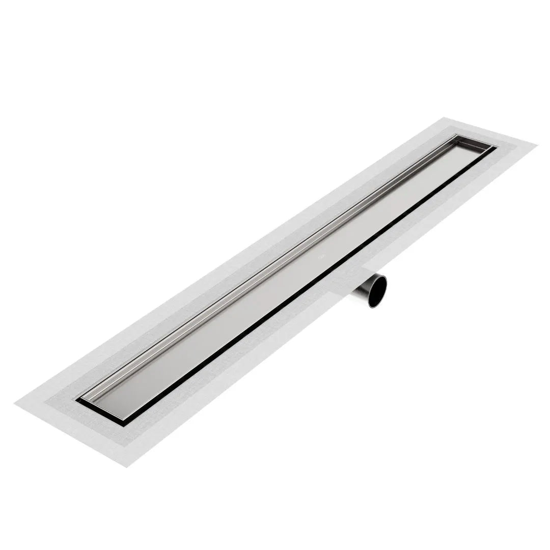 QM Drain Mist (Tile-In) Delmar Side Outlet Linear Drain in Polished finish, featuring a sleek stainless-steel channel with fine perforated ‘mist’ grate. This drain allows seamless tile integration, efficient water drainage, and includes a side outlet connection, ideal for luxury shower installations.