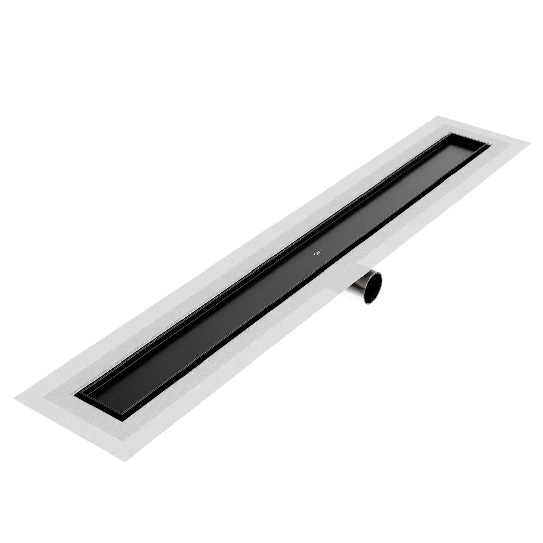 QM Drain Mist (Tile-In) Delmar Side Outlet Linear Drain in Black finish, featuring a sleek stainless-steel channel with fine perforated ‘mist’ grate. This drain allows seamless tile integration, efficient water drainage, and includes a side outlet connection, ideal for luxury shower installations.