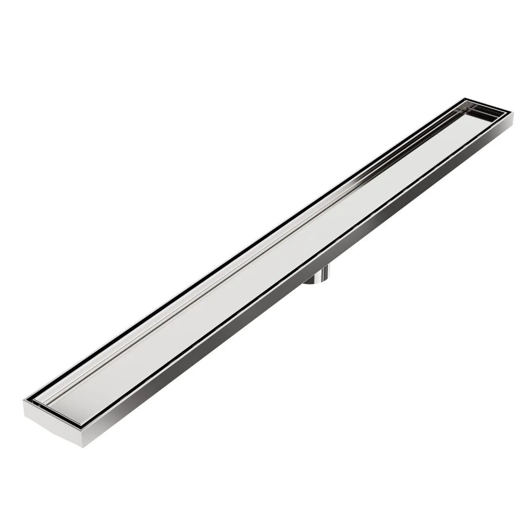 QM Drain Mist (Tile-In) Delmar Standard Length Plain Edge Linear Drain in Polished finish, featuring a sleek stainless-steel channel with a smooth plain edge design. This drain allows seamless tile integration, efficient water drainage, and a modern, minimalist aesthetic for luxury shower installations.