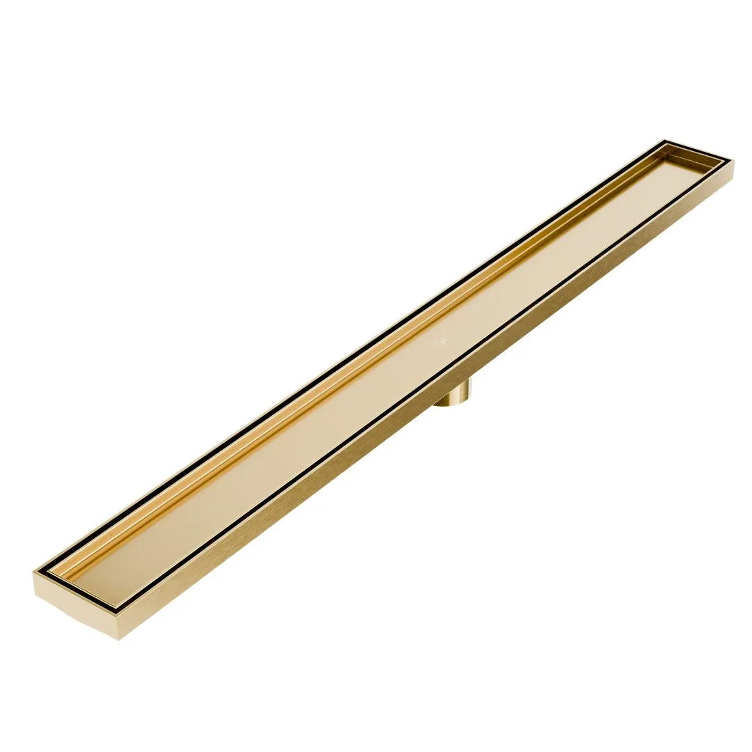QM Drain Mist (Tile-In) Delmar Standard Length Plain Edge Linear Drain in Gold finish, featuring a sleek stainless-steel channel with a smooth plain edge design. This drain allows seamless tile integration, efficient water drainage, and a modern, minimalist aesthetic for luxury shower installations.