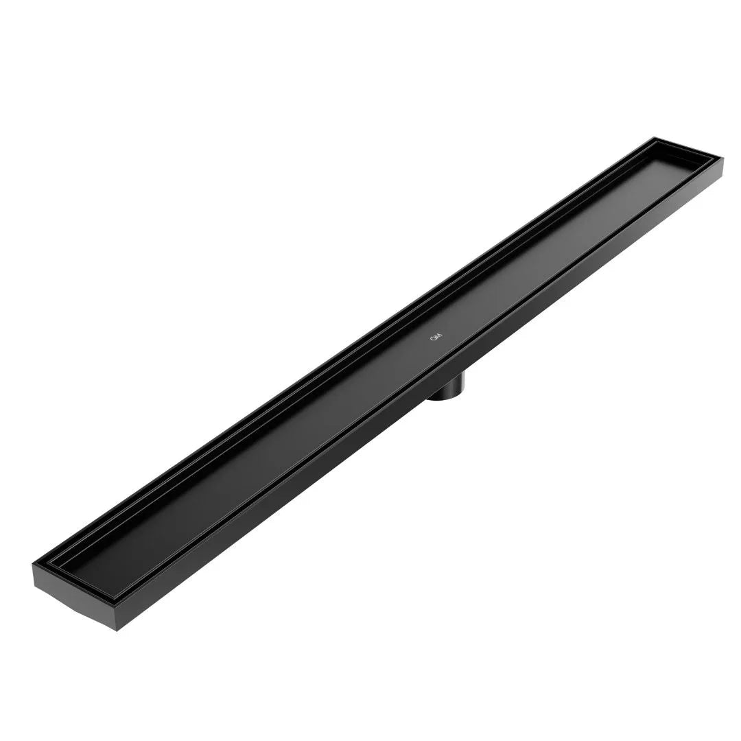 QM Drain Mist (Tile-In) Delmar Standard Length Plain Edge Linear Drain in Black finish, featuring a sleek stainless-steel channel with a smooth plain edge design. This drain allows seamless tile integration, efficient water drainage, and a modern, minimalist aesthetic for luxury shower installations.