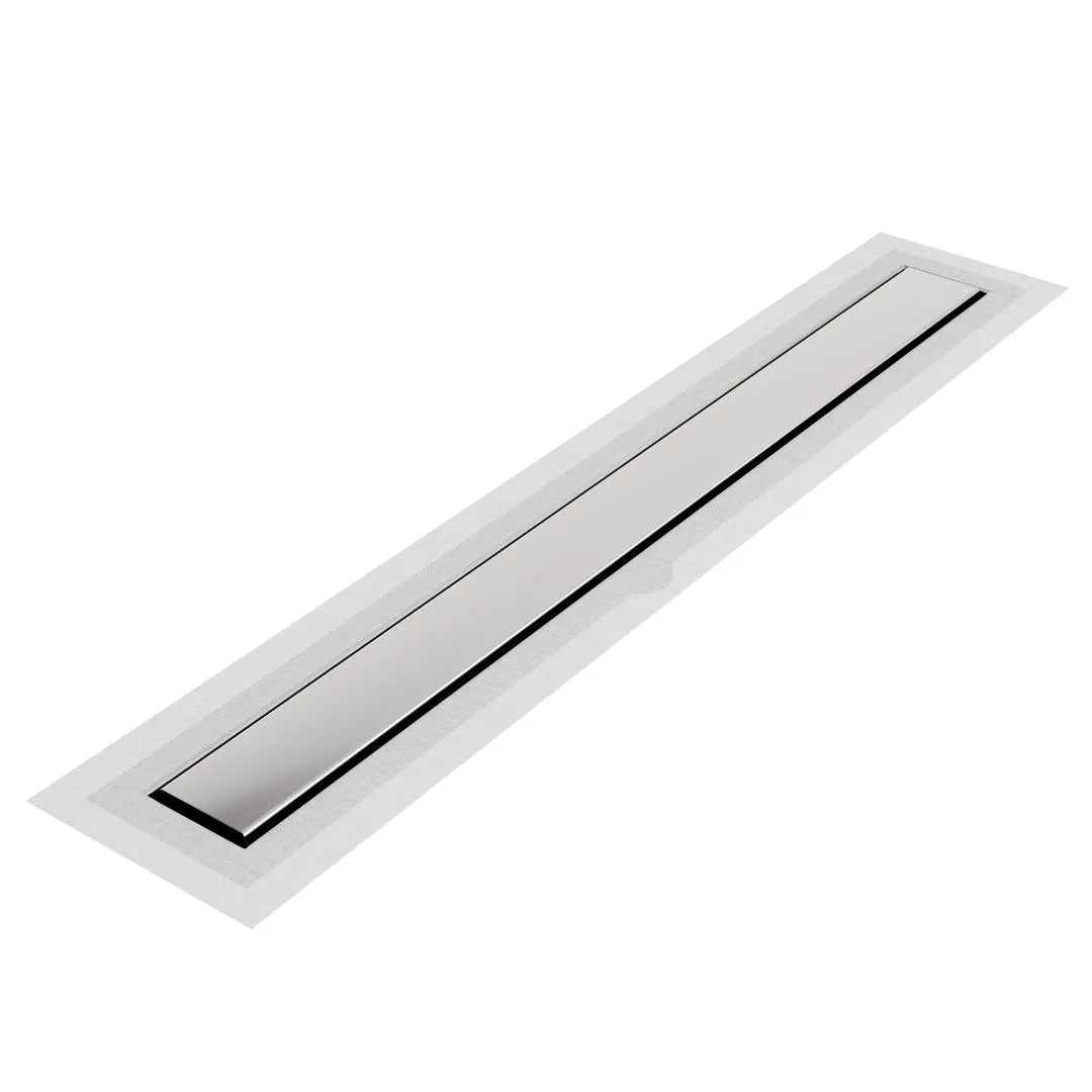 QM Drain Bay 2-in-1 Linear Drain with Reversible Grate, featuring a sleek stainless-steel channel and a versatile reversible grate design. This drain offers efficient water drainage, seamless tile integration, and the flexibility to adapt to different aesthetic preferences in luxury bathroom installations.