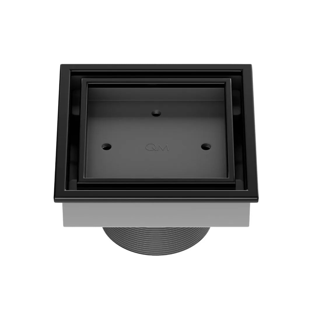 QM Drain Lagos Veil (Tile-In) Square Drain 4" in Black finish, featuring a sleek stainless-steel channel with a concealed grate design for seamless tile integration. This drain offers efficient water drainage and a modern minimalist aesthetic, perfect for luxury shower and bathroom installations.