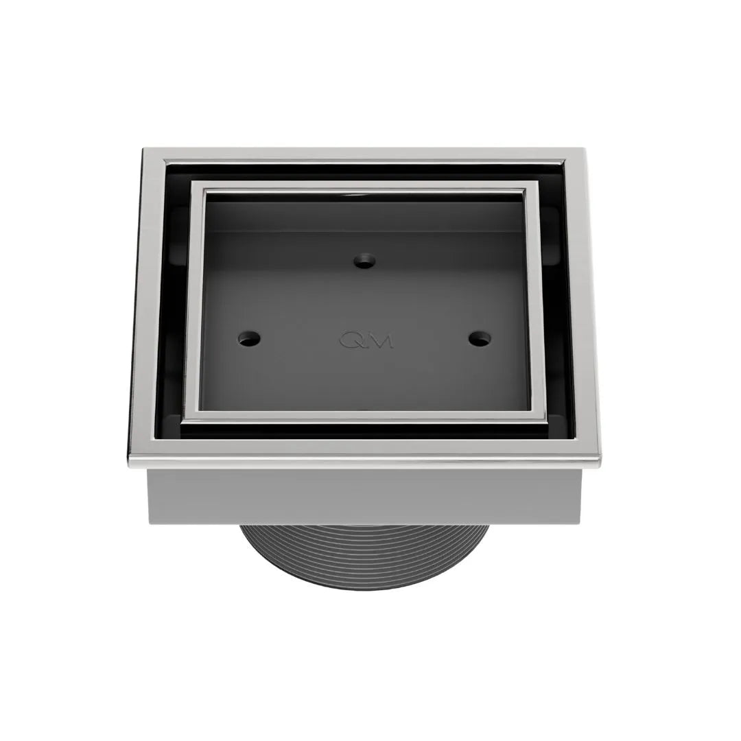QM Drain Lagos Veil (Tile-In) Square Drain 4" in Satin finish, featuring a sleek stainless-steel channel with a concealed grate design for seamless tile integration. This drain offers efficient water drainage and a modern minimalist aesthetic, perfect for luxury shower and bathroom installations.