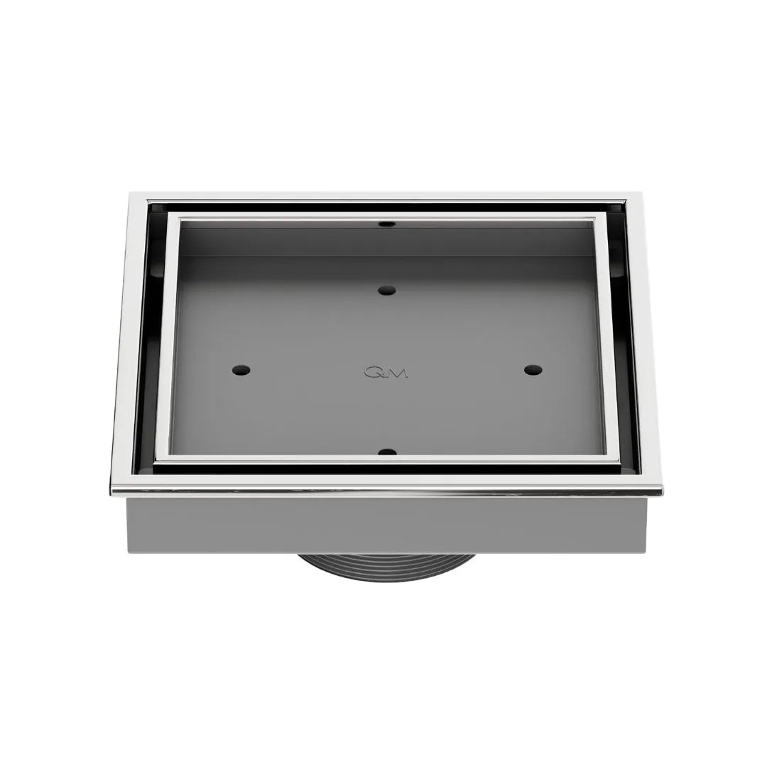 QM Drain Lagos Veil (Tile-In) Square Drain 5¾” in Polished finish, featuring a sleek stainless-steel channel with a concealed grate design. This drain allows seamless tile integration, providing efficient water drainage while maintaining a modern, minimalist aesthetic for high-end shower and bathroom installations.