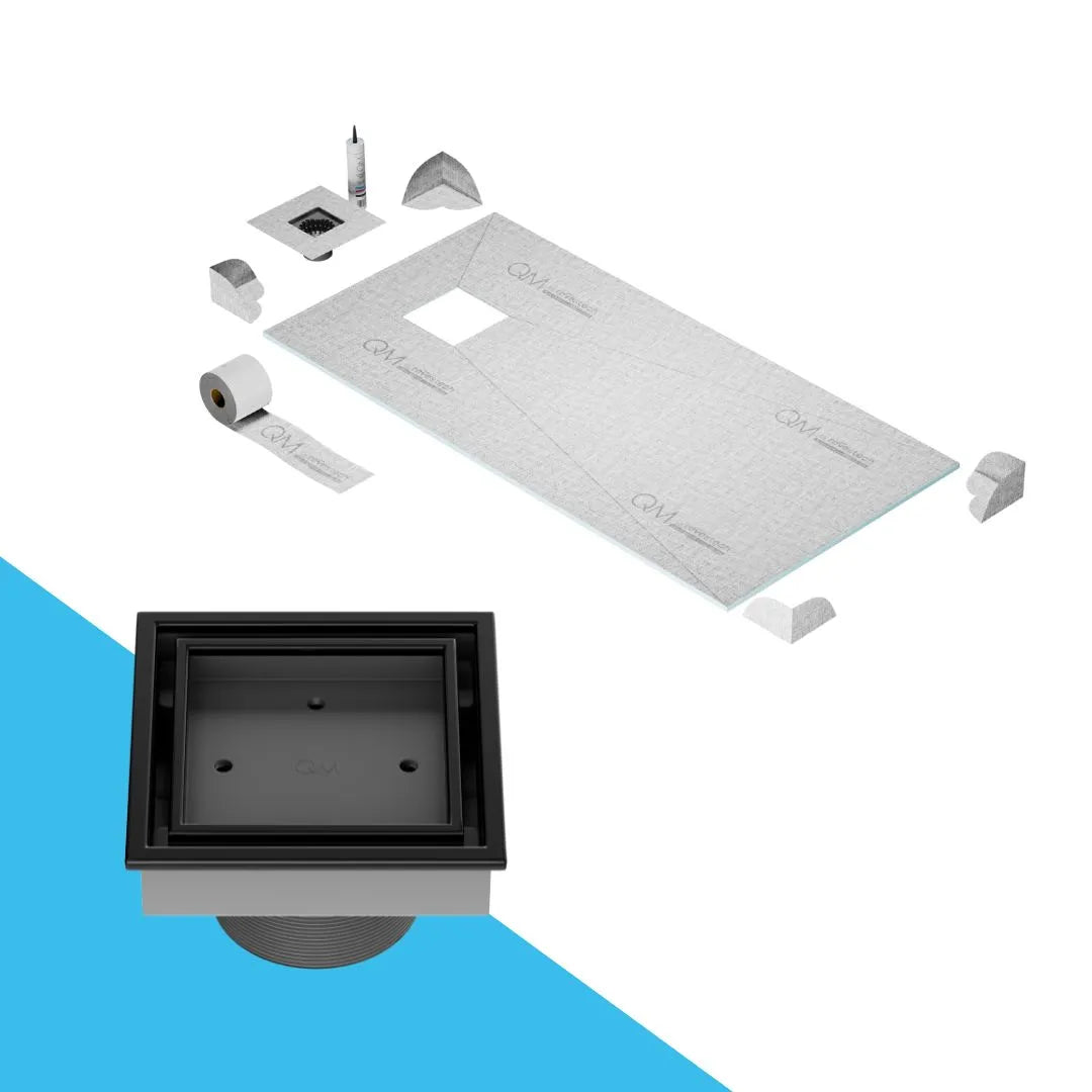 QM Drain Curbless Veil (Tile-In) Shower Pan Kit with Off Center Square Drain in Black finish, featuring a sleek stainless-steel tile-in grate. This kit ensures efficient water drainage, seamless tile integration, and a modern aesthetic, perfect for luxury shower installations with a 4x4 square drain.