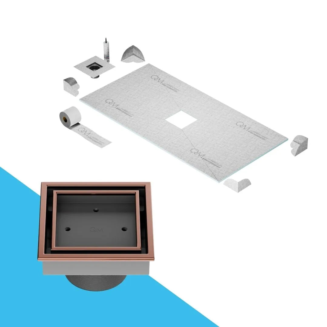 QM Drain Curbless Veil (Tile-In) Shower Pan Kit with Center Square Drain in Bronze finish, featuring a sleek stainless-steel tile-in grate. This kit ensures efficient water drainage, seamless tile integration, and a modern aesthetic, perfect for luxury shower installations with a 4x4 square drain.