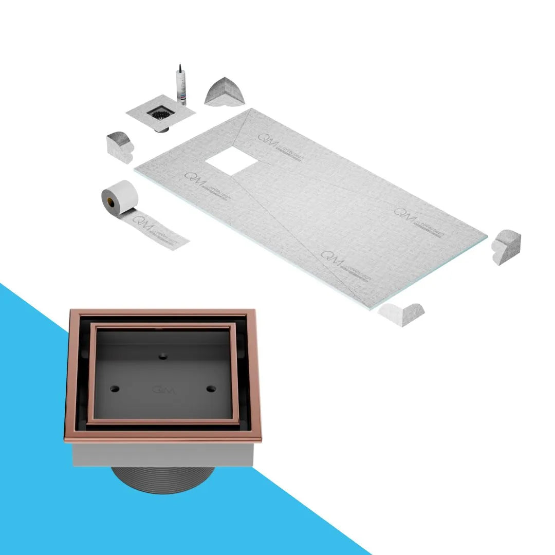 QM Drain Curbless Veil (Tile-In) Shower Pan Kit with Off Center Square Drain in Bronze finish, featuring a sleek stainless-steel tile-in grate. This kit ensures efficient water drainage, seamless tile integration, and a modern aesthetic, perfect for luxury shower installations with a 4x4 square drain.