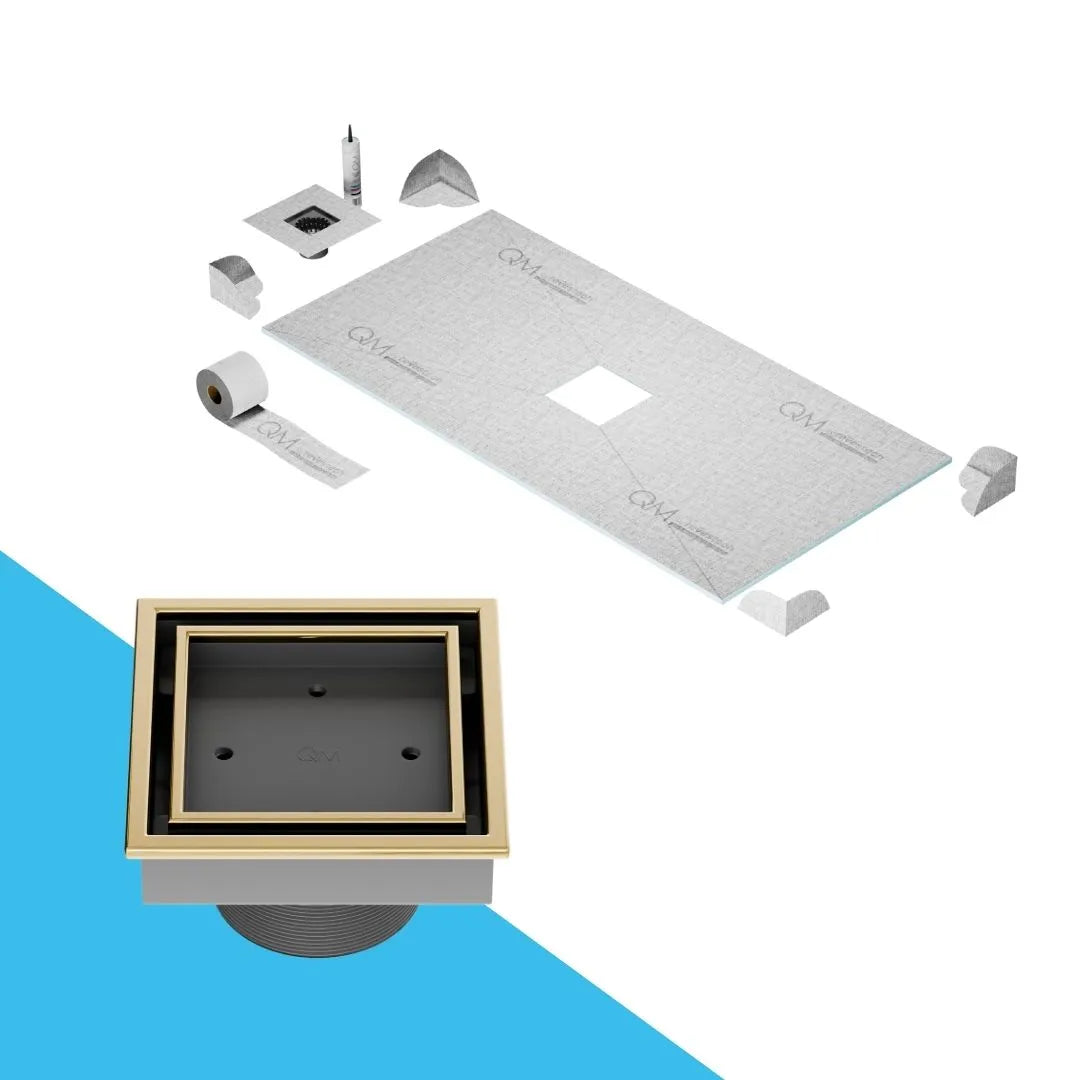 QM Drain Curbless Veil (Tile-In) Shower Pan Kit with Square Drain in Gold finish, featuring a sleek stainless-steel tile-in grate. This curbless shower pan ensures efficient water drainage, seamless tile integration, and a luxurious aesthetic, ideal for modern luxury bathroom installations.