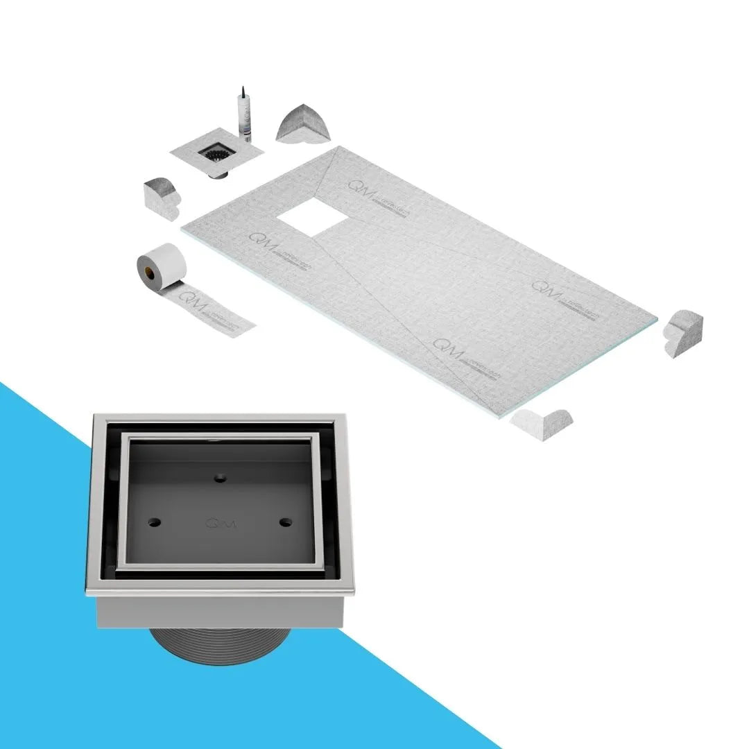 QM Drain Curbless Veil (Tile-In) Shower Pan Kit with Off Center Square Drain in Satin finish, featuring a sleek stainless-steel tile-in grate. This curbless shower pan ensures efficient water drainage, seamless tile integration, and a luxurious aesthetic, ideal for modern luxury bathroom installations.