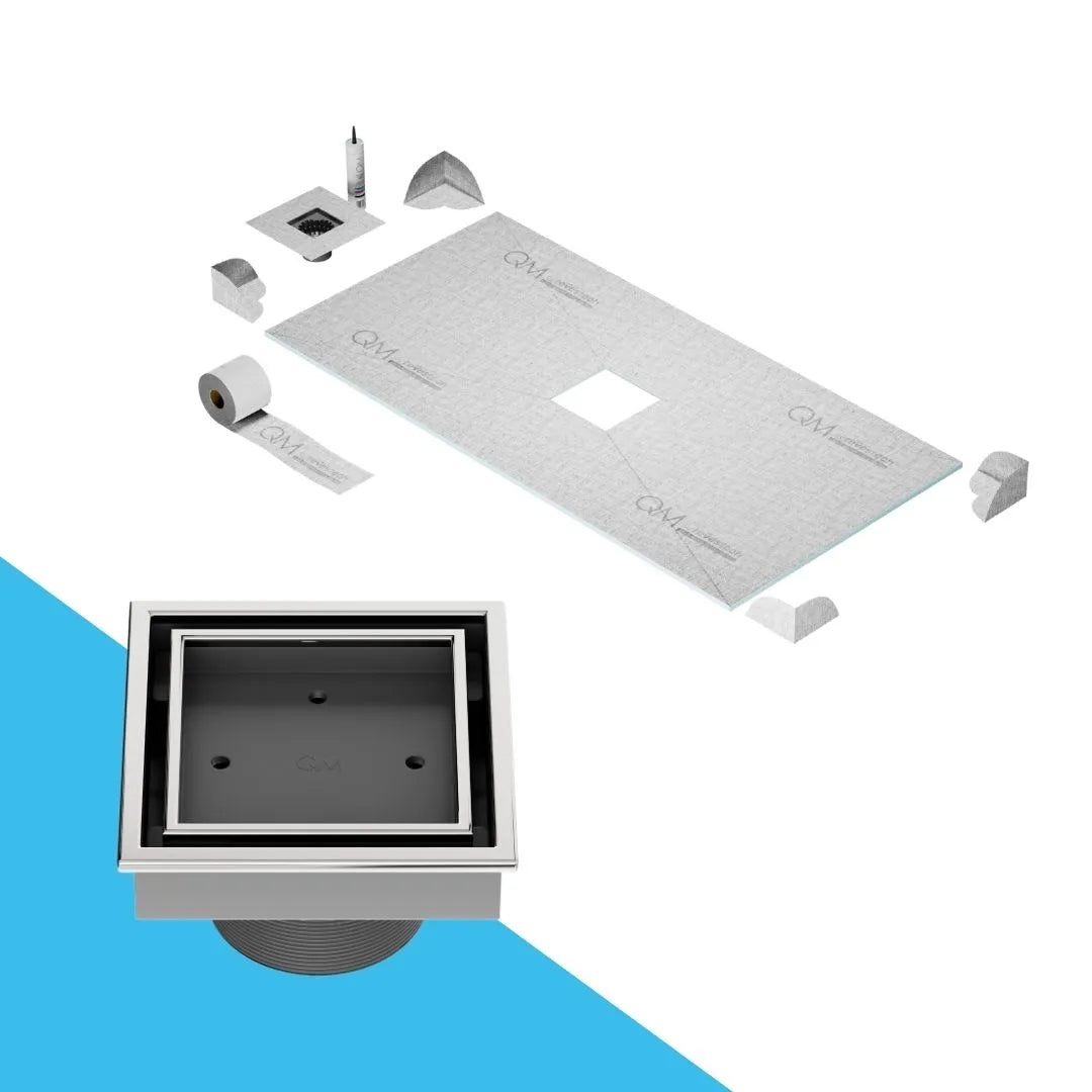 QM Drain Curbless Veil (Tile-In) Shower Pan Kit with Center Square Drain in Polished finish, featuring a sleek stainless-steel tile-in grate. This curbless shower pan ensures efficient water drainage, seamless tile integration, and a luxurious aesthetic, ideal for modern luxury bathroom installations.