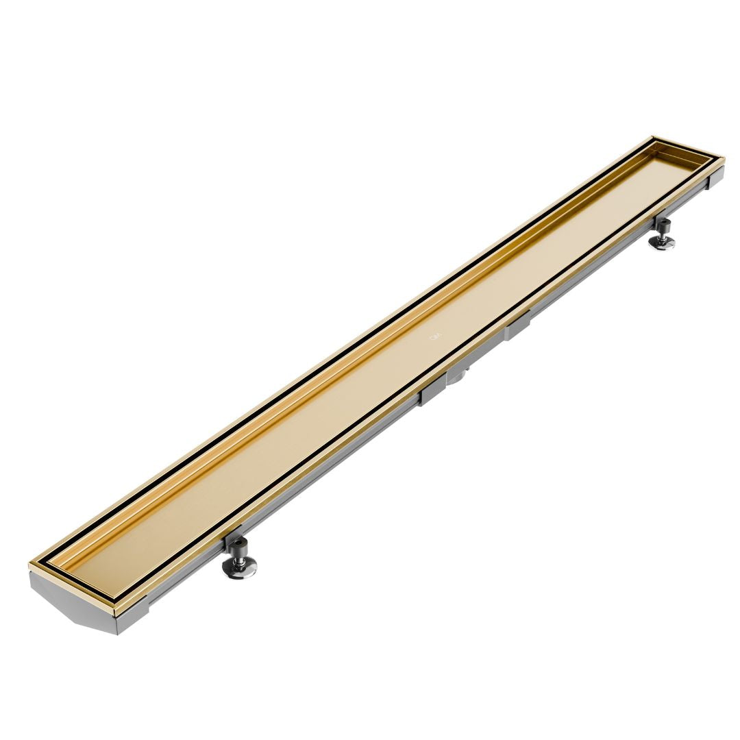 QM Drain Mist (Tile-In) Adjustable Lagos Linear Drain with 2-inch outlet in Gold finish, featuring a stainless-steel channel with fine perforated 'mist' grate. This adjustable drain offers seamless tile integration, efficient water drainage, and a modern minimalist aesthetic for luxury shower installations.