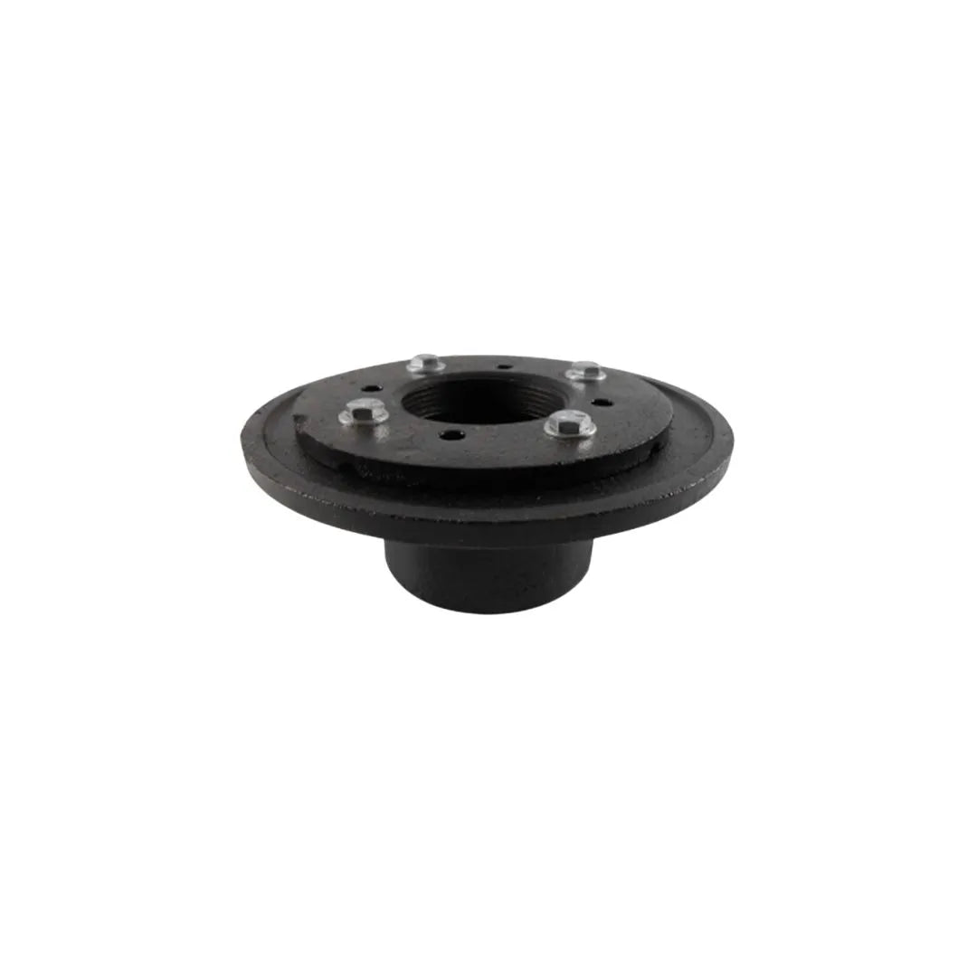 QM Drain Cast Iron Clamp Down Drain, featuring a durable cast iron construction with a secure clamp-down design. Ideal for heavy-duty drainage applications, this drain ensures efficient water flow and reliable performance in commercial and residential bathroom installations.