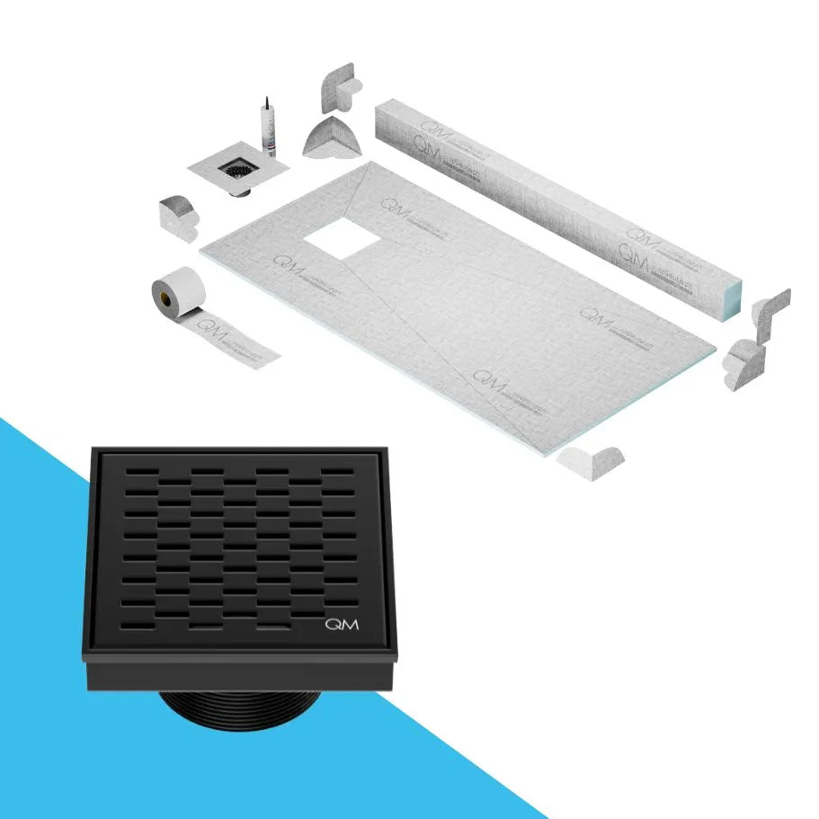QM Drain Curb Delta Shower Pan Kit with Off Center Square Drain in Black finish, measuring 4x4 inches. Features a sleek stainless-steel grate with modern perforations, providing efficient water drainage, seamless tile integration, and a contemporary look for luxury shower installations.