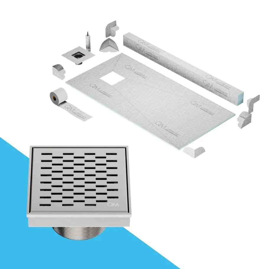 QM Drain Curb Delta Shower Pan Kit with Off Center Square Drain in Polished finish, measuring 4x4 inches. Features a sleek stainless-steel grate with modern perforations, providing efficient water drainage, seamless tile integration, and a contemporary look for luxury shower installations.
