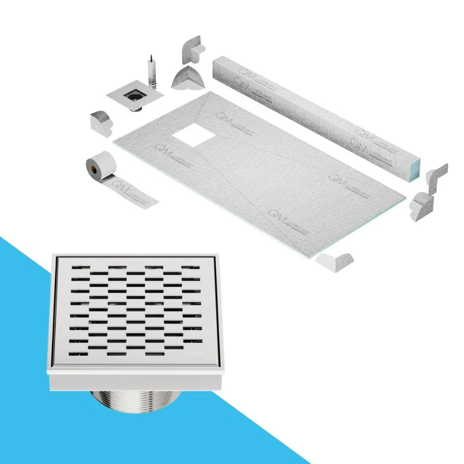 QM Drain Curb Delta Shower Pan Kit with Off Center Square Drain in Satin finish, measuring 4x4 inches. Features a sleek stainless-steel grate with modern perforations, providing efficient water drainage, seamless tile integration, and a contemporary look for luxury shower installations.