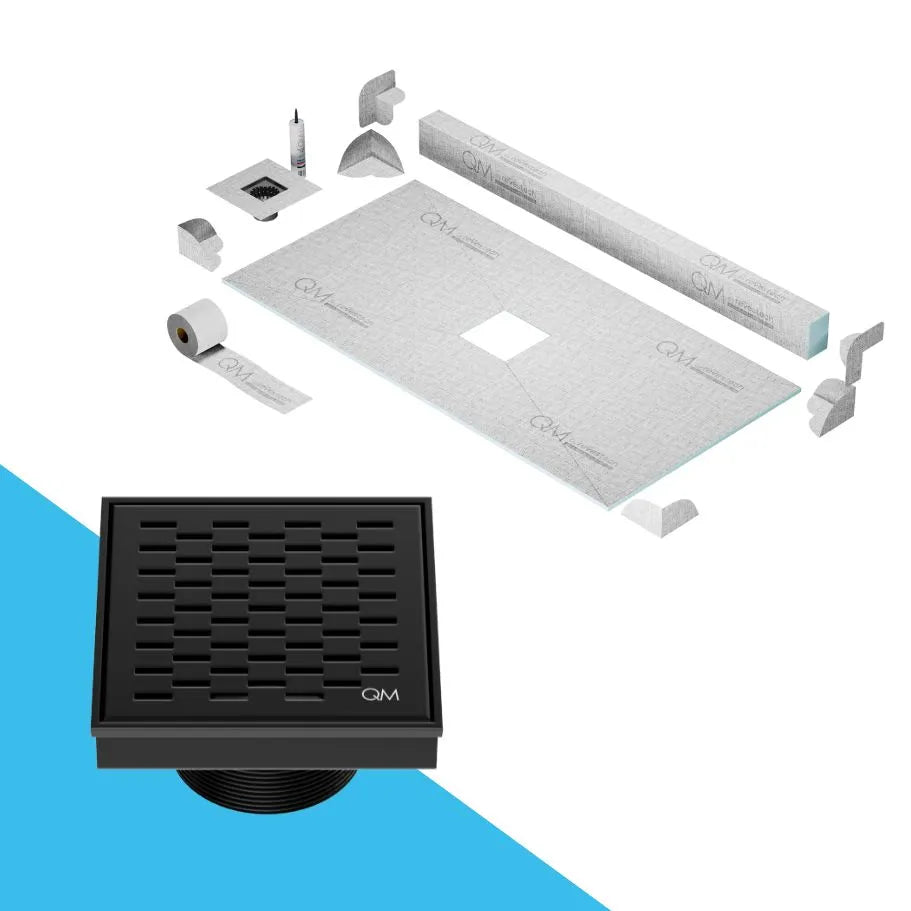 QM Drain Curb Delta Shower Pan Kit with center Square Drain in Black finish, measuring 4x4 inches. Features a sleek stainless-steel grate with modern perforations, providing efficient water drainage, seamless tile integration, and a contemporary look for luxury shower installations.