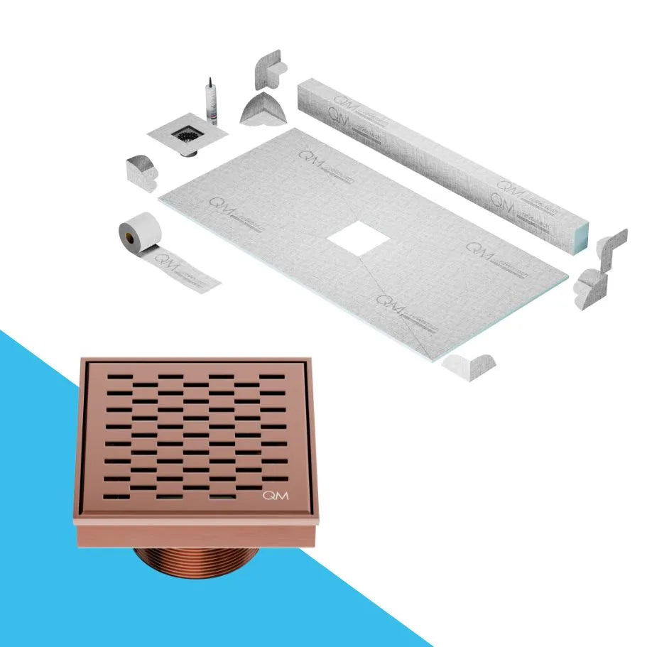 QM Drain Curb Delta Shower Pan Kit with Center Square Drain in Bronze finish, measuring 4x4 inches. Features a sleek stainless-steel grate with modern perforations, providing efficient water drainage, seamless tile integration, and a contemporary look for luxury shower installations.