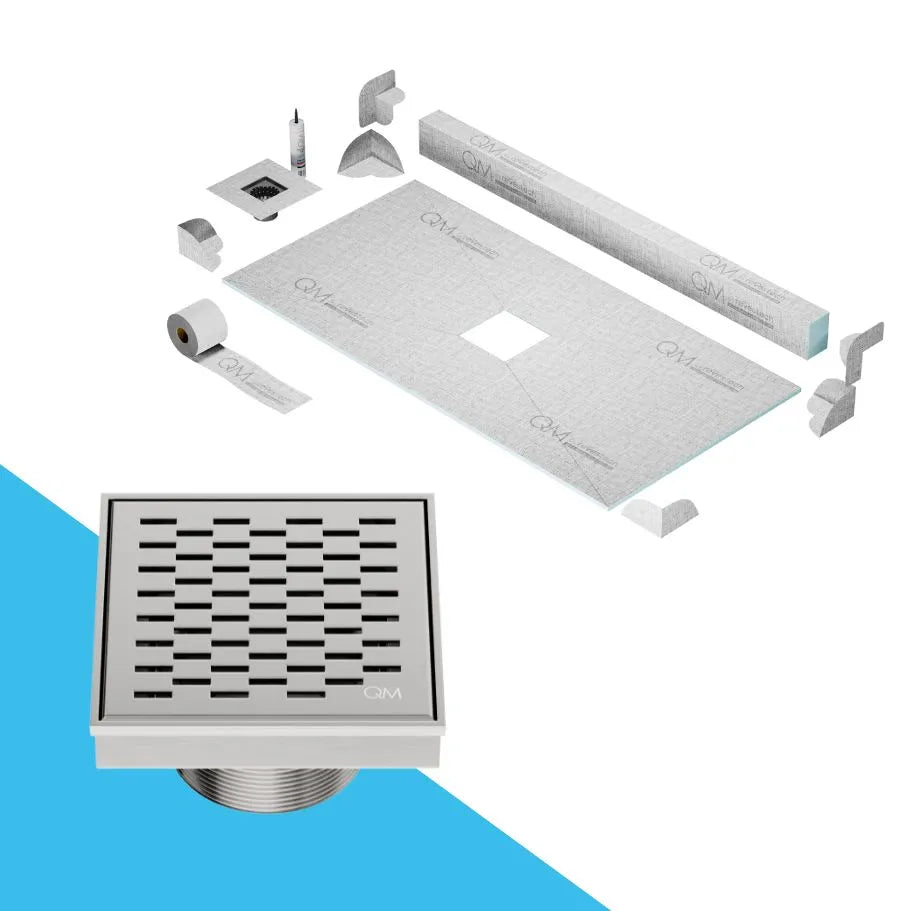 QM Drain Curb Delta Shower Pan Kit with Center Square Drain in Polished finish, measuring 4x4 inches. Features a sleek stainless-steel grate with modern perforations, providing efficient water drainage, seamless tile integration, and a contemporary look for luxury shower installations.