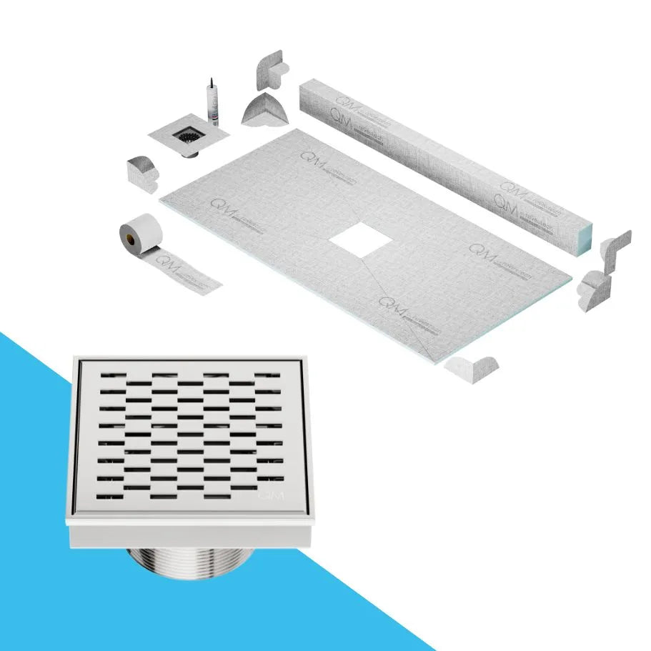 QM Drain Curb Delta Shower Pan Kit with Center Square Drain in Satin finish, measuring 4x4 inches. Features a sleek stainless-steel grate with modern perforations, providing efficient water drainage, seamless tile integration, and a contemporary look for luxury shower installations.