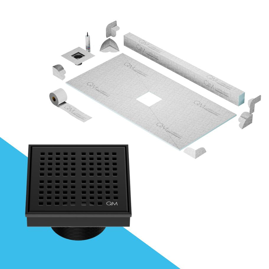 QM Drain Curb Kai Shower Pan Kit with Square Center Drain in Black finish, featuring a sleek stainless-steel grate with fine square perforations. This kit ensures efficient water drainage, seamless tile integration, and a modern minimalist aesthetic for high-end shower and bathroom installations.
