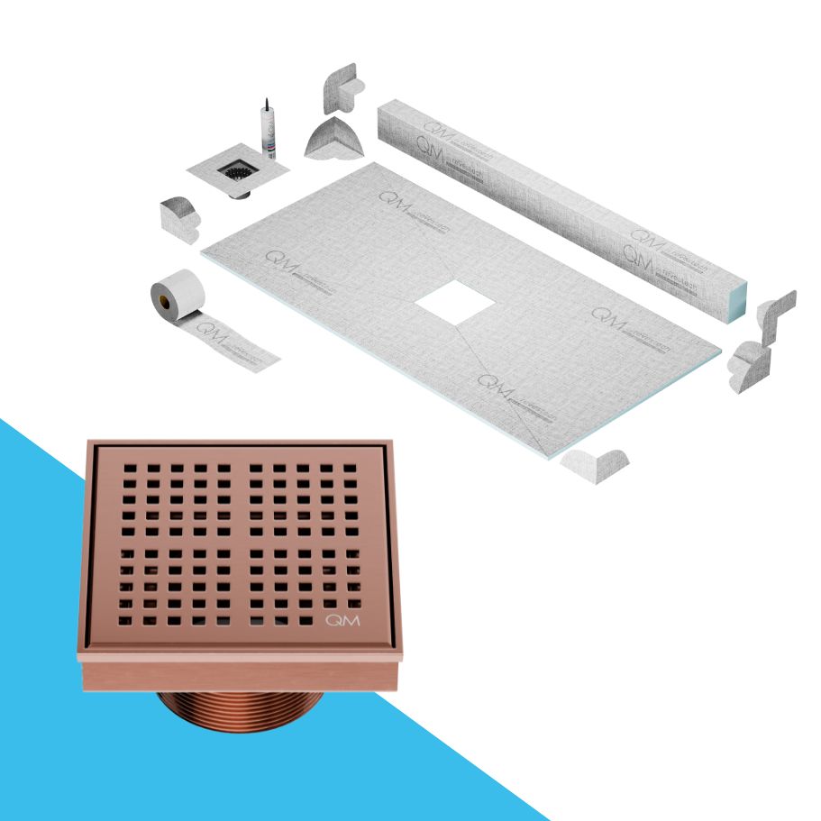 QM Drain Curb Kai Shower Pan Kit with Square Center Drain in Bronze finish, featuring a sleek stainless-steel grate with fine square perforations. This kit ensures efficient water drainage, seamless tile integration, and a modern minimalist aesthetic for high-end shower and bathroom installations.