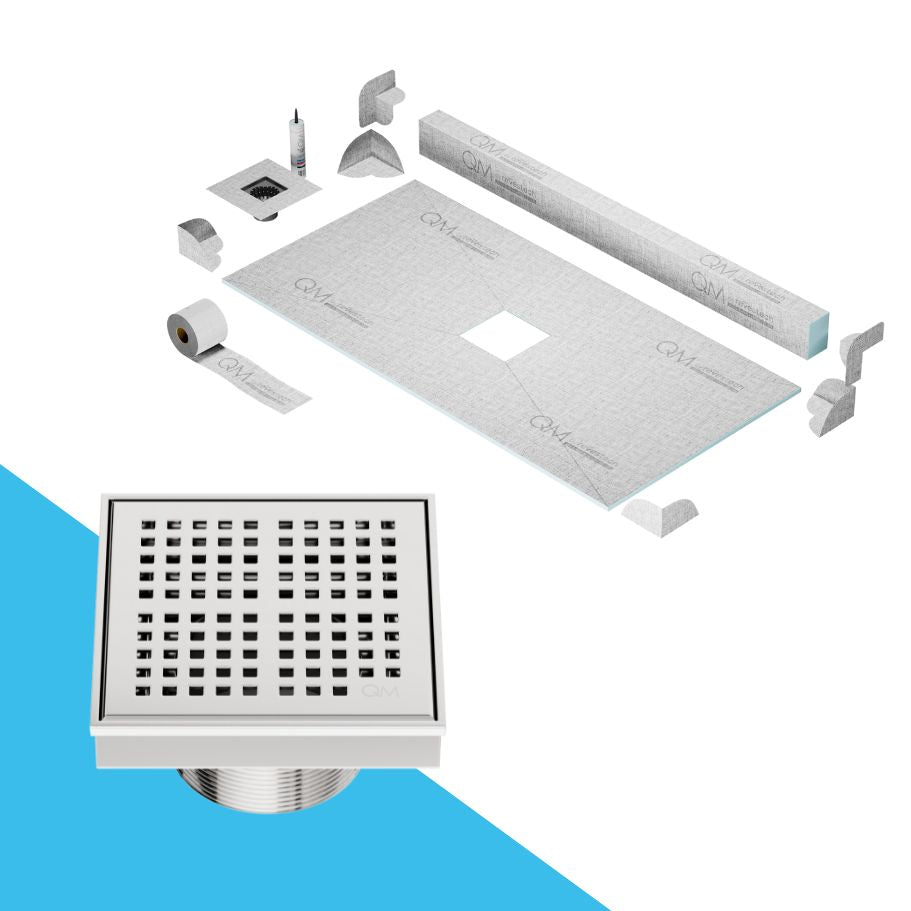QM Drain Curb Kai Shower Pan Kit with Square Center Drain in Satin finish, featuring a sleek stainless-steel grate with fine square perforations. This kit ensures efficient water drainage, seamless tile integration, and a modern minimalist aesthetic for high-end shower and bathroom installations.