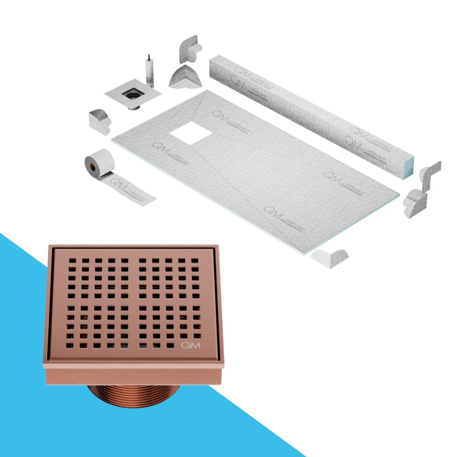 QM Drain Curb Kai Shower Pan Kit with Off Center Square Center Drain in Bronze finish, featuring a sleek stainless-steel grate with fine square perforations. This kit ensures efficient water drainage, seamless tile integration, and a modern minimalist aesthetic for high-end shower and bathroom installations.