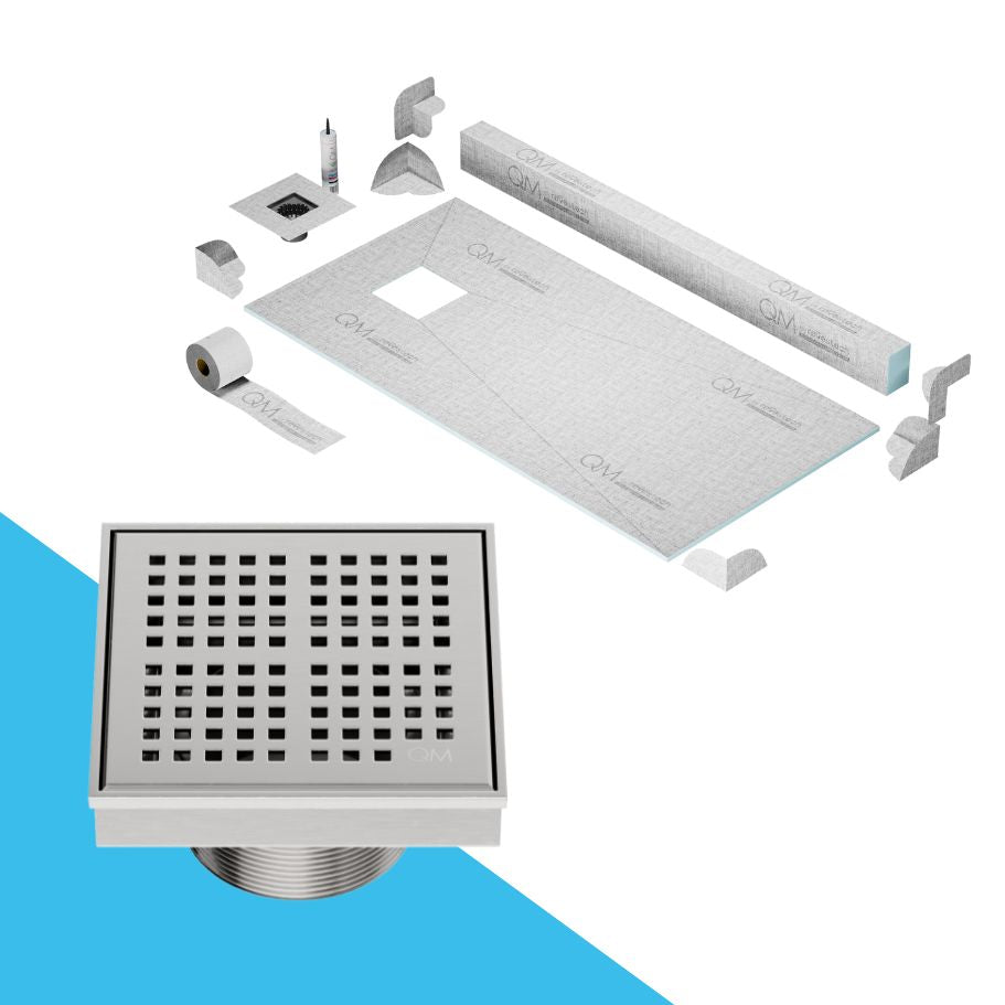 QM Drain Curb Kai Shower Pan Kit with Off Center Square Center Drain in Polished finish, featuring a sleek stainless-steel grate with fine square perforations. This kit ensures efficient water drainage, seamless tile integration, and a modern minimalist aesthetic for high-end shower and bathroom installations.