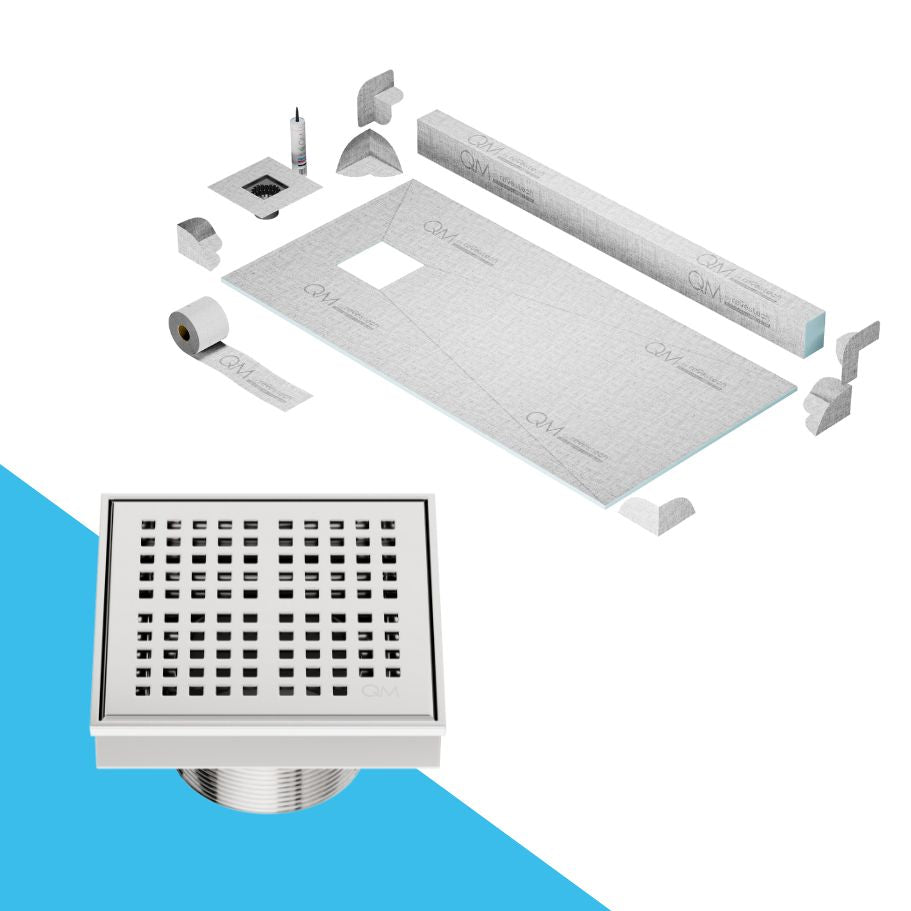 QM Drain Curb Kai Shower Pan Kit with Off Center Square Center Drain in Satin finish, featuring a sleek stainless-steel grate with fine square perforations. This kit ensures efficient water drainage, seamless tile integration, and a modern minimalist aesthetic for high-end shower and bathroom installations.