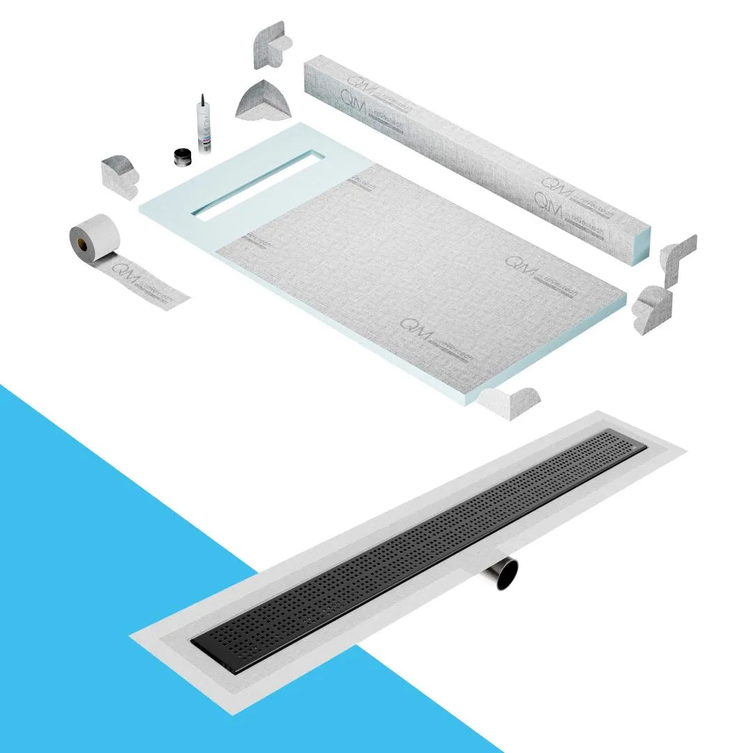QM Drain Curb Shower Pan with Delmar Delta Side Outlet Linear Drain, featuring stainless-steel grate with modern square perforations, efficient drainage, available in Satin, Gold, Bronze, Polished, and Black finishes.