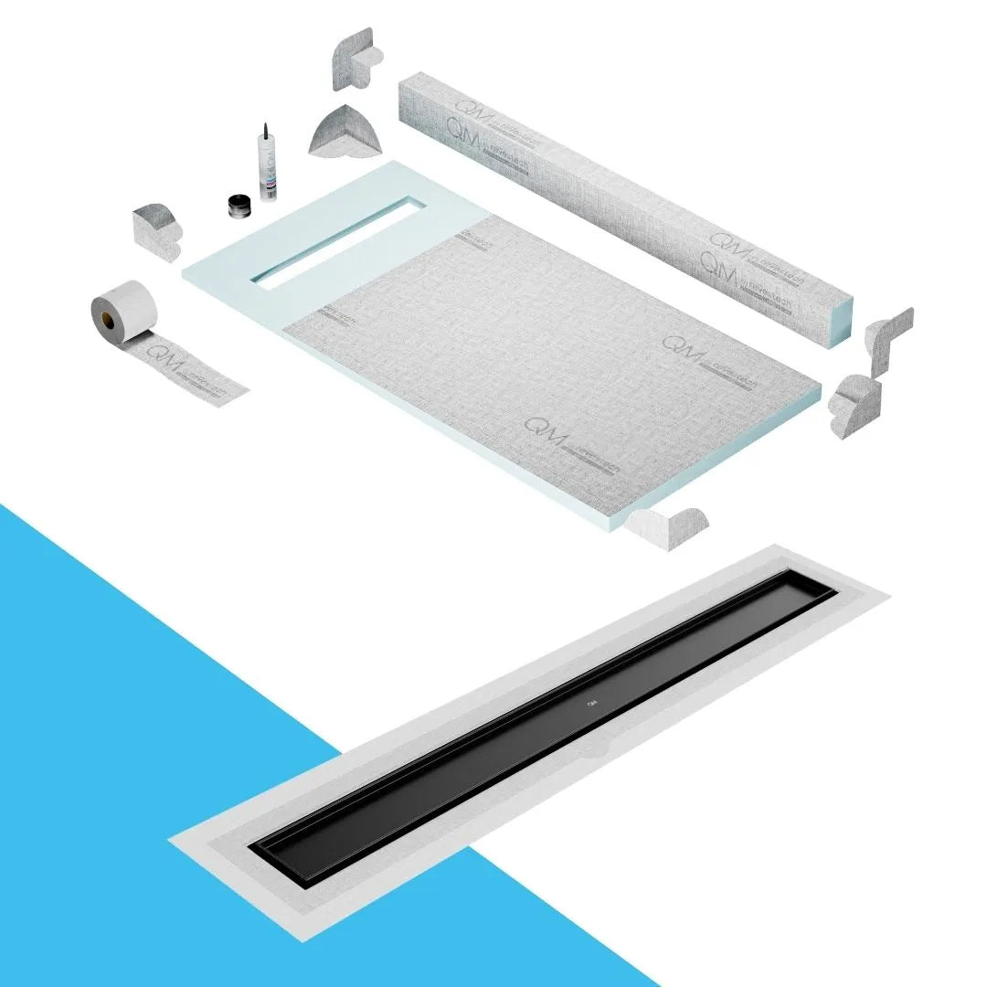 QM Drain Curb Shower Pan with Delmar Mist Tile-In Flange Edge Linear Drain, stainless-steel grate allowing seamless tile integration, featuring fine 'mist' perforations, integrated flange, minimalist aesthetics, offered in Satin, Gold, Bronze, Polished, and Black finishes.