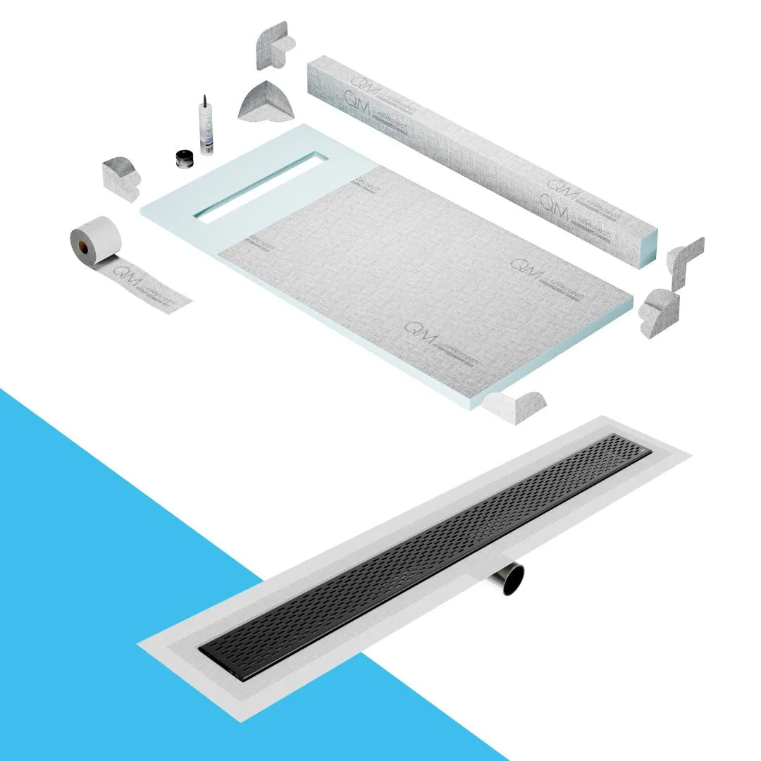 QM Drain Curb Shower Pan with Delmar Delta Side Outlet Linear Drain, featuring stainless-steel grate with modern square perforations, efficient drainage, available in Satin, Gold, Bronze, Polished, and Black finishes.