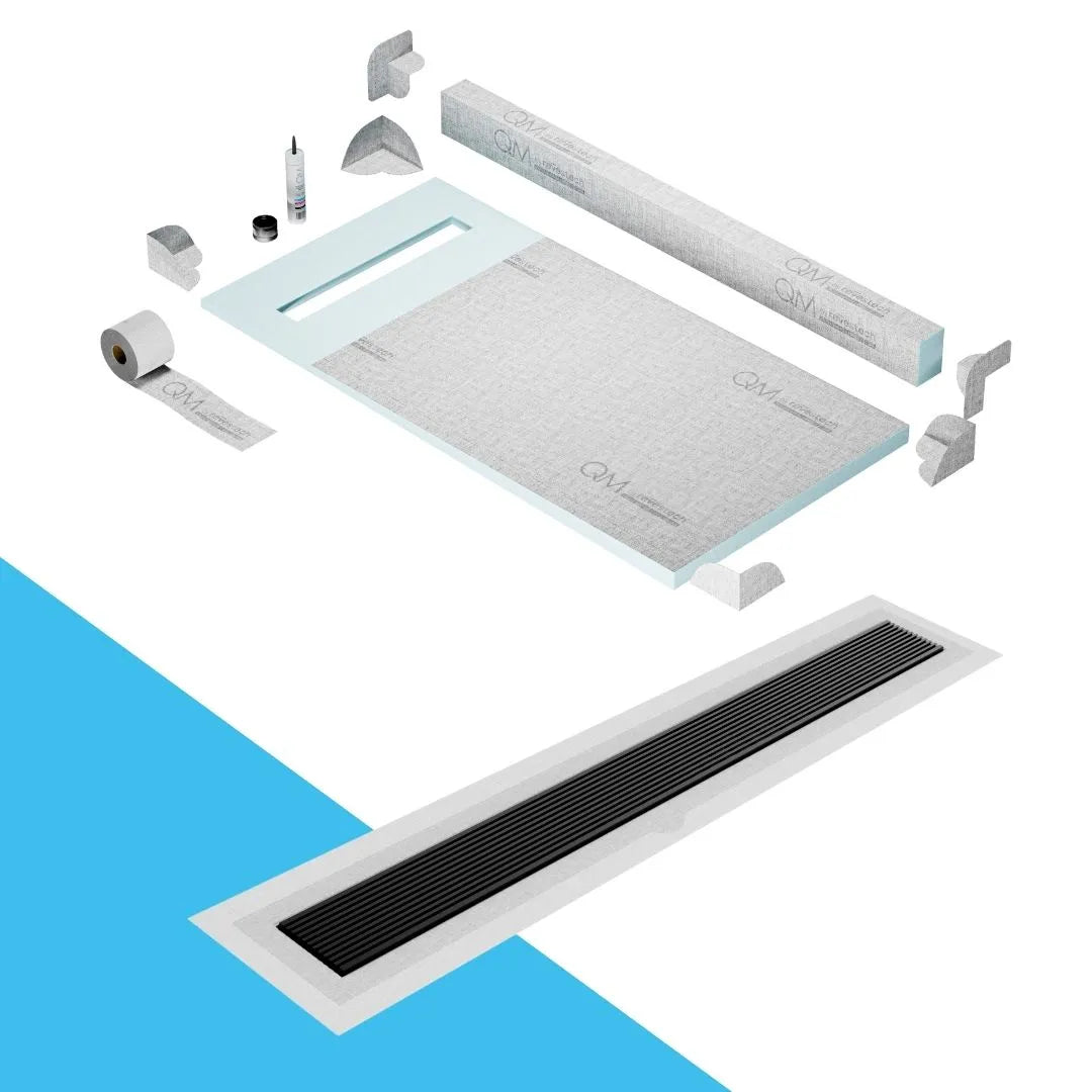 QM Drain Curb Shower Pan with Delmar Wedgewire Flange Edge Linear Drain, stainless-steel grate featuring linear wedge-wire design, integrated flange for efficient water drainage, contemporary style, available in Satin, Gold, Bronze, Polished, and Black finishes.