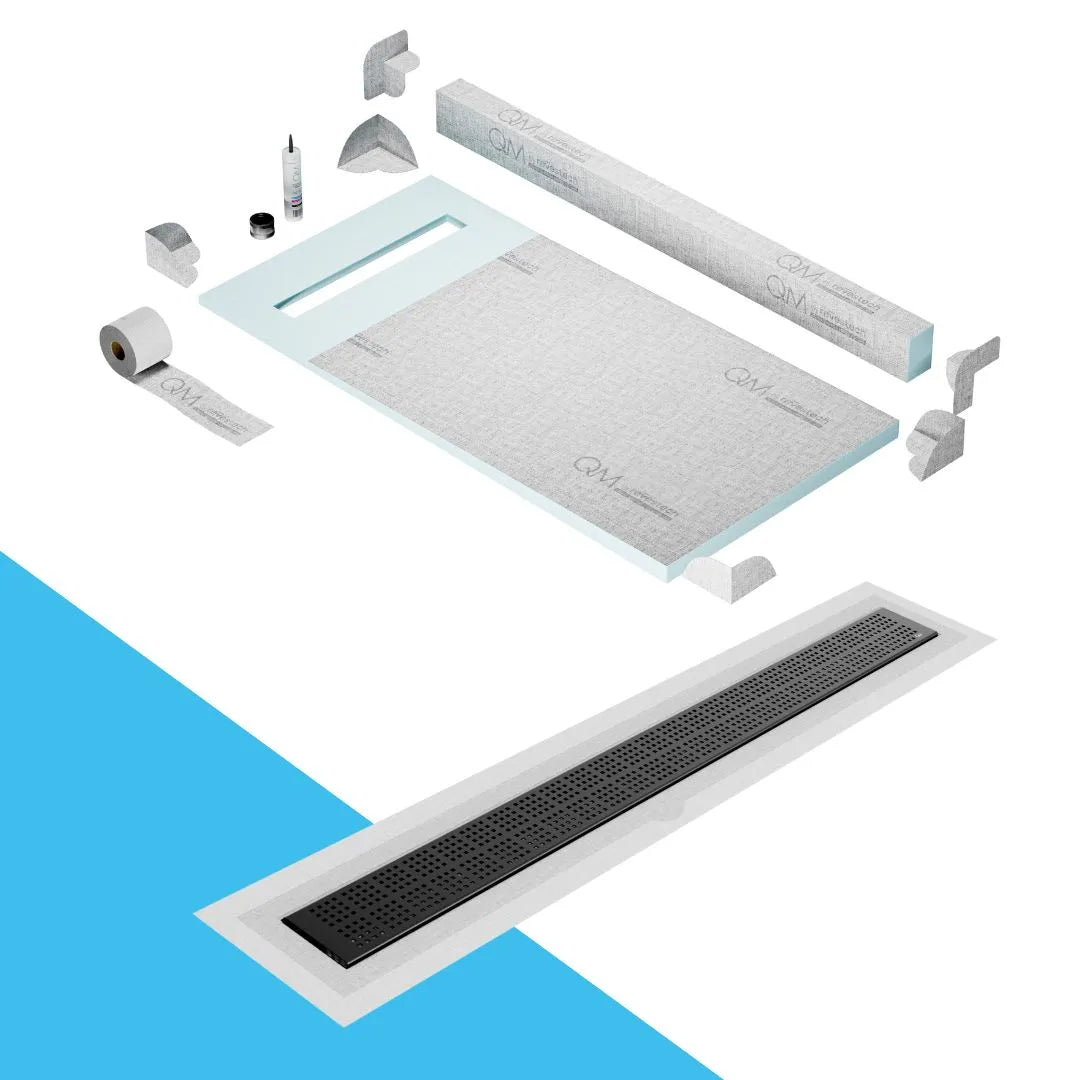 QM Drain Curb Shower Pan with Delmar Kai Flange Edge Linear Drain, stainless-steel grate with subtle square perforations, integrated flange, contemporary design, effective water drainage, available in Satin, Gold, Bronze, Polished, and Black finishes.