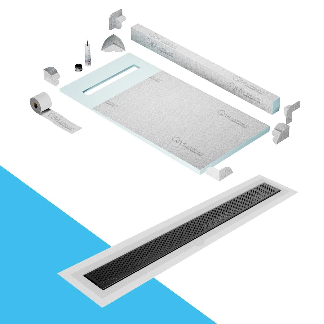 QM Drain Curb Shower Pan with Delmar Delta Flange Edge Linear Drain, stainless-steel grate featuring modern square perforations, efficient drainage with integrated flange, available in Gold, Bronze, Polished, and Black finishes.