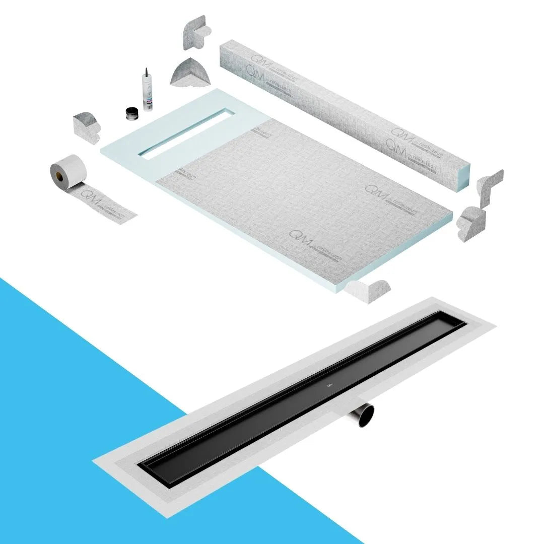 QM Drain Curb Shower Pan with Delmar Mist Tile-In Side Outlet Linear Drain, stainless-steel grate allowing seamless tile integration, 'mist' perforations, modern aesthetics, available in Satin, Gold, Bronze, Polished, and Black finishes.
