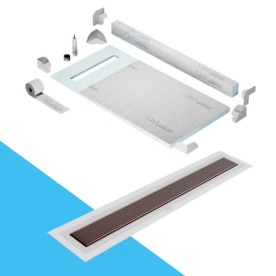 QM Drain Curb Shower Pan with Delmar Wedgewire Flange Edge Linear Drain, stainless-steel grate featuring linear wedge-wire design, integrated flange for efficient water drainage, contemporary style, available in Satin, Gold, Bronze, Polished, and Black finishes.