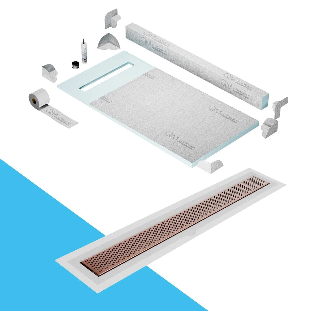 QM Drain Curb Shower Pan with Delmar Delta Flange Edge Linear Drain, stainless-steel grate featuring modern square perforations, efficient drainage with integrated flange, available in Gold, Bronze, Polished, and Black finishes.